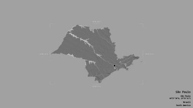 Sao Paulo bölgesi, Brezilya eyaleti, katı bir arka planda izole edilmiş bir sınır kutusunda. Etiketler. Çift seviyeli yükseklik haritası. 3B görüntüleme