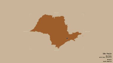 Sao Paulo bölgesi, Brezilya eyaleti, katı bir arka planda izole edilmiş bir sınır kutusunda. Etiketler. Desenli dokuların bileşimi. 3B görüntüleme