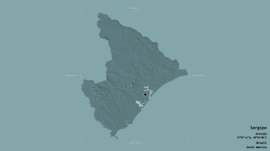 Sergipe bölgesi, Brezilya eyaleti, katı bir arka planda izole edilmiş bir sınır kutusunda. Etiketler. Renkli yükseklik haritası. 3B görüntüleme