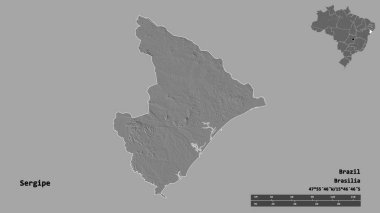 Brezilya 'nın Sergipe eyaleti, başkenti katı bir zemin üzerinde izole edilmiştir. Uzaklık ölçeği, bölge önizlemesi ve etiketleri. Çift seviyeli yükseklik haritası. 3B görüntüleme