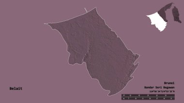 Brunei 'nin Belait semti, başkenti sağlam arka planda izole edilmiş. Uzaklık ölçeği, bölge önizlemesi ve etiketleri. Renkli yükseklik haritası. 3B görüntüleme