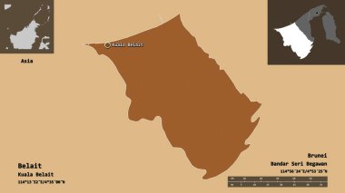 Belait 'in şekli, Brunei bölgesi ve başkenti. Uzaklık ölçeği, ön gösterimler ve etiketler. Desenli dokuların bileşimi. 3B görüntüleme