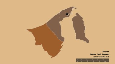 Başkenti, ana bölgesel bölümü ve ayrılmış Belait bölgesiyle Brunei 'nin dejenere edilmiş şekli. Etiketler. Desenli dokuların bileşimi. 3B görüntüleme