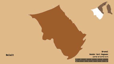 Brunei 'nin Belait semti, başkenti sağlam arka planda izole edilmiş. Uzaklık ölçeği, bölge önizlemesi ve etiketleri. Desenli dokuların bileşimi. 3B görüntüleme