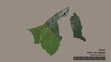 Başkenti, ana bölgesel bölümü ve ayrılmış Belait bölgesiyle Brunei 'nin dejenere edilmiş şekli. Etiketler. Uydu görüntüleri. 3B görüntüleme