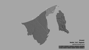 Brunei 'nin, başkenti, ana bölgesel bölümü ve ayrılmış Brunei ve Muara bölgesi ile dejenere edilmiş şekli. Etiketler. Çift seviyeli yükseklik haritası. 3B görüntüleme