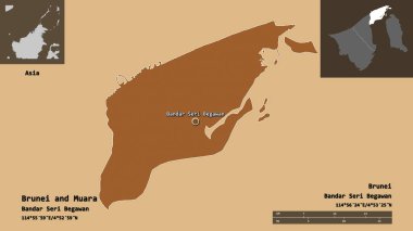 Brunei ve Muara 'nın şekli, Brunei bölgesi ve başkenti. Uzaklık ölçeği, ön gösterimler ve etiketler. Desenli dokuların bileşimi. 3B görüntüleme