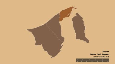 Brunei 'nin, başkenti, ana bölgesel bölümü ve ayrılmış Brunei ve Muara bölgesi ile dejenere edilmiş şekli. Etiketler. Desenli dokuların bileşimi. 3B görüntüleme