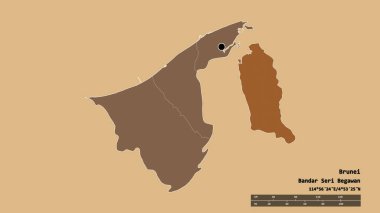 Başkenti, ana bölgesel bölümü ve ayrılmış Temburong bölgesiyle Brunei 'nin dejenere edilmiş şekli. Etiketler. Desenli dokuların bileşimi. 3B görüntüleme
