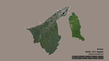Başkenti, ana bölgesel bölümü ve ayrılmış Temburong bölgesiyle Brunei 'nin dejenere edilmiş şekli. Etiketler. Uydu görüntüleri. 3B görüntüleme