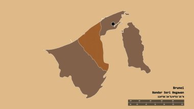 Başkenti, ana bölgesel bölümü ve ayrılmış Tutong bölgesiyle Brunei 'nin dejenere edilmiş şekli. Etiketler. Desenli dokuların bileşimi. 3B görüntüleme