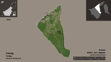 Brunei 'nin Tutong ilçesi ve başkenti. Uzaklık ölçeği, ön gösterimler ve etiketler. Uydu görüntüleri. 3B görüntüleme