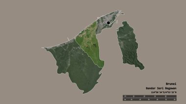 Başkenti, ana bölgesel bölümü ve ayrılmış Tutong bölgesiyle Brunei 'nin dejenere edilmiş şekli. Etiketler. Uydu görüntüleri. 3B görüntüleme