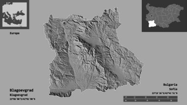 Blagoevgrad, Bulgaristan ili ve başkenti şeklindedir. Uzaklık ölçeği, ön gösterimler ve etiketler. Çift seviyeli yükseklik haritası. 3B görüntüleme