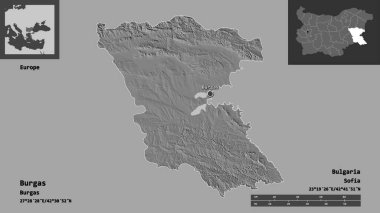 Burgaz, Bulgaristan ili ve başkenti şeklindedir. Uzaklık ölçeği, ön gösterimler ve etiketler. Çift seviyeli yükseklik haritası. 3B görüntüleme