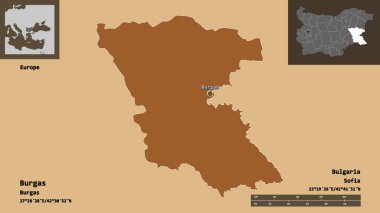 Burgaz, Bulgaristan ili ve başkenti şeklindedir. Uzaklık ölçeği, ön gösterimler ve etiketler. Desenli dokuların bileşimi. 3B görüntüleme