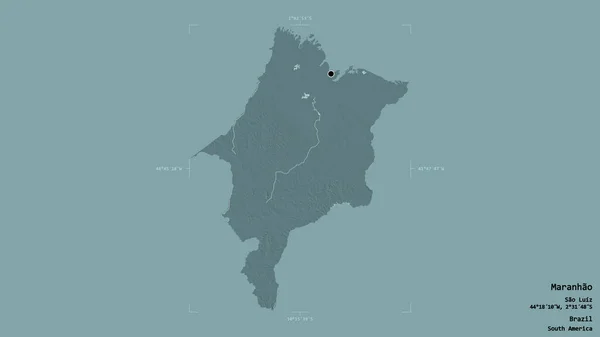 ブラジルの状態であるMaranhaoのエリアは 洗練された境界ボックス内の強固な背景に隔離されています ラベル 色の標高マップ 3Dレンダリング — ストック写真