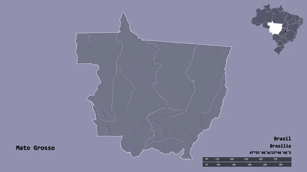 ブラジルの首都マトグロッソの形は しっかりとした背景に隔離されています 距離スケール リージョンプレビュー およびラベル 色の標高マップ 3Dレンダリング — ストック写真
