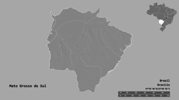 巴西南部马托格罗索州的形状 其首都在坚实的背景下与世隔绝 距离尺度 区域预览和标签 Bilevel高程图 3D渲染 — 图库照片