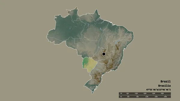 Desaturated Shape Brazil Its Capital Main Regional Division Separated Mato — Stock Photo, Image