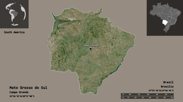 巴西南部马托格罗索州的形状及其首府 距离刻度 预览和标签 卫星图像 3D渲染 — 图库照片