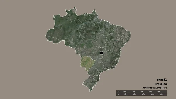 以首都 主要区域分部和分离的Mato Grosso Sul地区为首都的巴西的绝望状态 卫星图像 3D渲染 — 图库照片