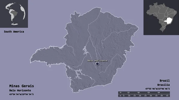 ミナスジェライス州 ブラジルの州 およびその首都の形状 距離スケール プレビューおよびラベル 色の標高マップ 3Dレンダリング — ストック写真
