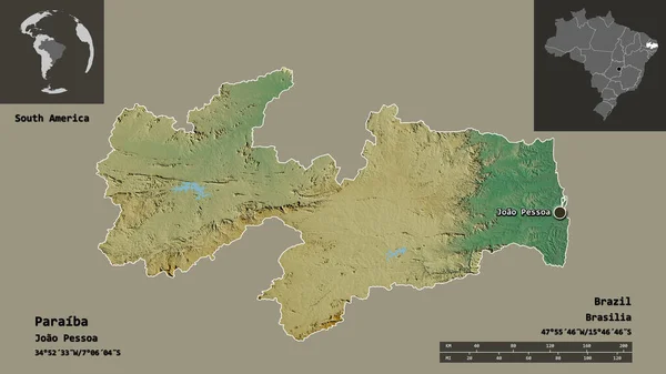 パライバの形 ブラジルの状態 およびその首都 距離スケール プレビューおよびラベル 地形図 3Dレンダリング — ストック写真