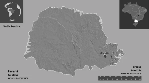 パラナの形 ブラジルの状態 およびその首都 距離スケール プレビューおよびラベル 標高マップ 3Dレンダリング — ストック写真