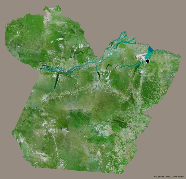 Shape of Para, state of Brazil, with its capital isolated on a solid color background. Satellite imagery. 3D rendering