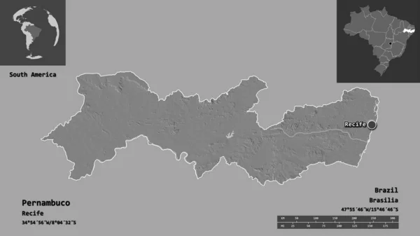 ペルナンブコの形 ブラジルの状態 およびその首都 距離スケール プレビューおよびラベル 標高マップ 3Dレンダリング — ストック写真