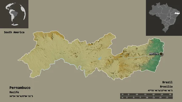 巴西伯南布哥州的形状及其首都 距离刻度 预览和标签 地形浮雕图 3D渲染 — 图库照片