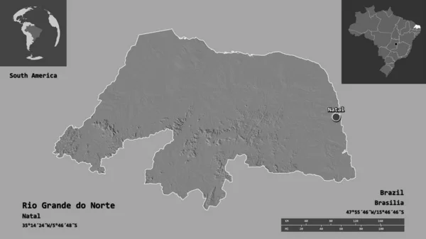 グランデ ノルテ州 ブラジルの状態 およびその首都の形状 距離スケール プレビューおよびラベル 標高マップ 3Dレンダリング — ストック写真