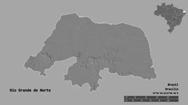 グランデ ノルテ州の形状 ブラジルの状態 その首都は 固体背景に隔離されています 距離スケール リージョンプレビュー およびラベル 標高マップ 3Dレンダリング — ストック写真