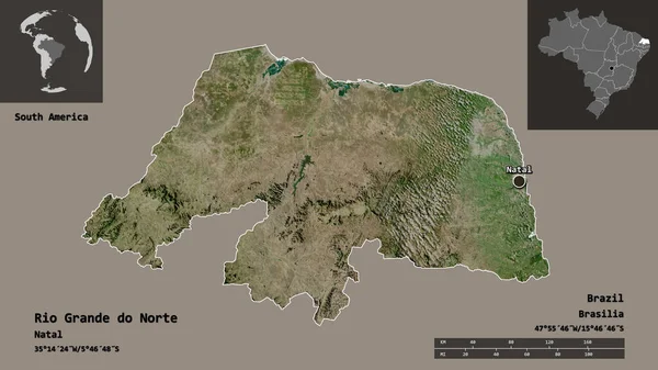 グランデ ノルテ州 ブラジルの状態 およびその首都の形状 距離スケール プレビューおよびラベル 衛星画像 3Dレンダリング — ストック写真