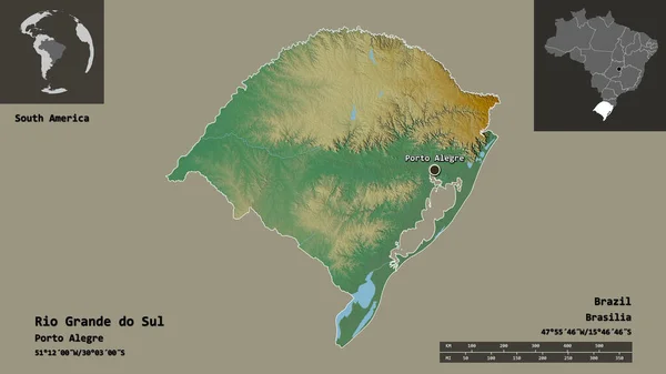 グランデ スル州 ブラジルの州 およびその首都の形 距離スケール プレビューおよびラベル 地形図 3Dレンダリング — ストック写真