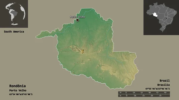 罗多尼亚的形状 巴西的州 及其首都 距离刻度 预览和标签 地形浮雕图 3D渲染 — 图库照片