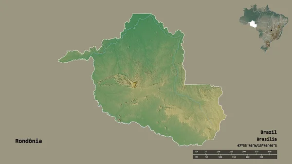 罗多尼亚的形状 巴西的州 它的首都孤立的坚实的背景 距离尺度 区域预览和标签 地形浮雕图 3D渲染 — 图库照片
