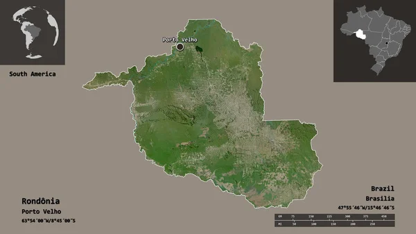 Kształt Rondonii Stanu Brazylia Jej Stolicy Skala Odległości Zapowiedzi Etykiety — Zdjęcie stockowe