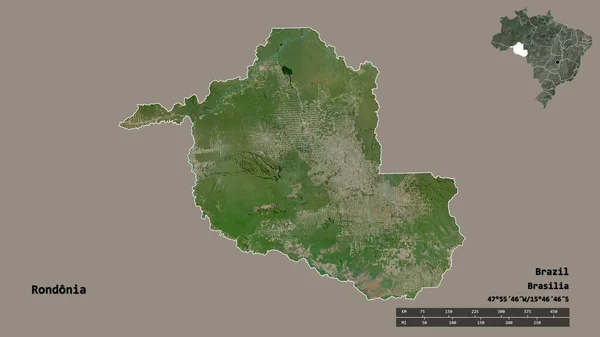 罗多尼亚的形状 巴西的州 它的首都孤立的坚实的背景 距离尺度 区域预览和标签 卫星图像 3D渲染 — 图库照片