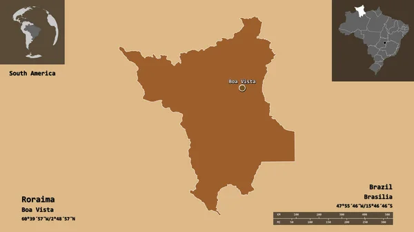 巴西罗赖马州的形状及其首都 距离刻度 预览和标签 图形纹理的组成 3D渲染 — 图库照片