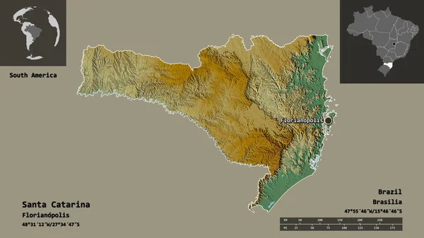 サンタ カタリーナの形 ブラジルの状態 その首都 距離スケール プレビューおよびラベル 地形図 3Dレンダリング — ストック写真