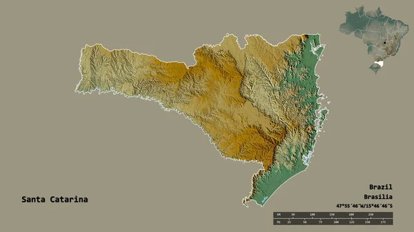 ブラジルのサンタ カタリーナ州の形で その首都はしっかりとした背景に隔離されています 距離スケール リージョンプレビュー およびラベル 地形図 3Dレンダリング — ストック写真