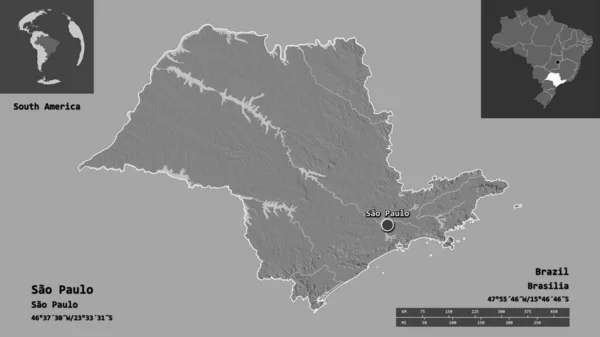 サンパウロ州 ブラジルの州 およびその首都の形 距離スケール プレビューおよびラベル 標高マップ 3Dレンダリング — ストック写真