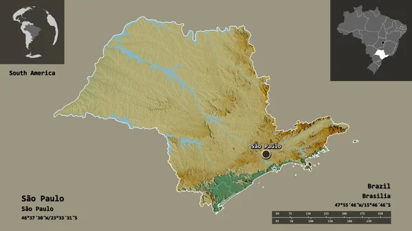 Form Sao Paulo Delstaten Brasilien Och Dess Huvudstad Avståndsskala Förhandsvisningar — Stockfoto