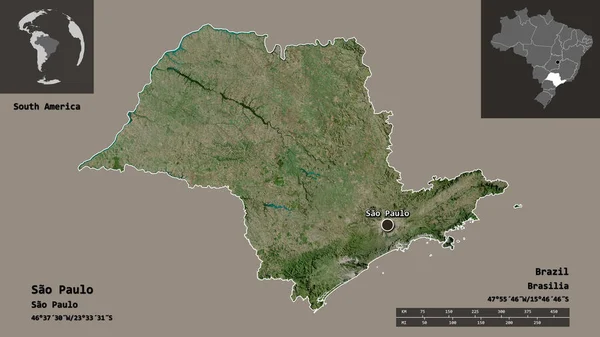 サンパウロ州 ブラジルの州 およびその首都の形 距離スケール プレビューおよびラベル 衛星画像 3Dレンダリング — ストック写真