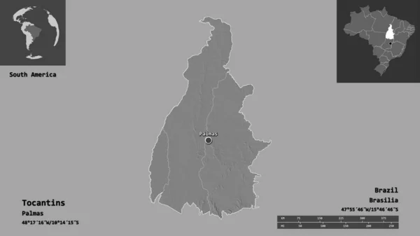 トカンティンスの形 ブラジルの状態 およびその首都 距離スケール プレビューおよびラベル 標高マップ 3Dレンダリング — ストック写真