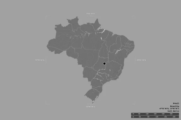 Arealet Brasil Isolert Solid Bakgrunn Georeferenset Avgrensningsboks Regionalt Hovedinndeling Avstandsskala – stockfoto