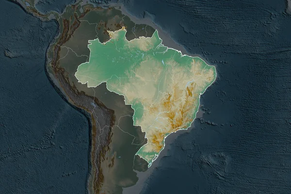 Shape Brazil Separated Desaturation Neighboring Areas Borders Topographic Relief Map — Stock Photo, Image