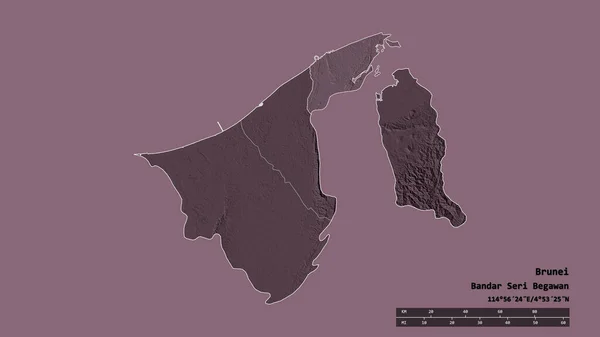 主要な地域部門 分離ブルネイとムアラ地域とブルネイの荒廃した形 ラベル 色の標高マップ 3Dレンダリング — ストック写真